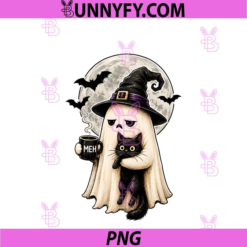 Ghost Cat Spooky Black PNG, Funny Halloween Coffee Lover PNG