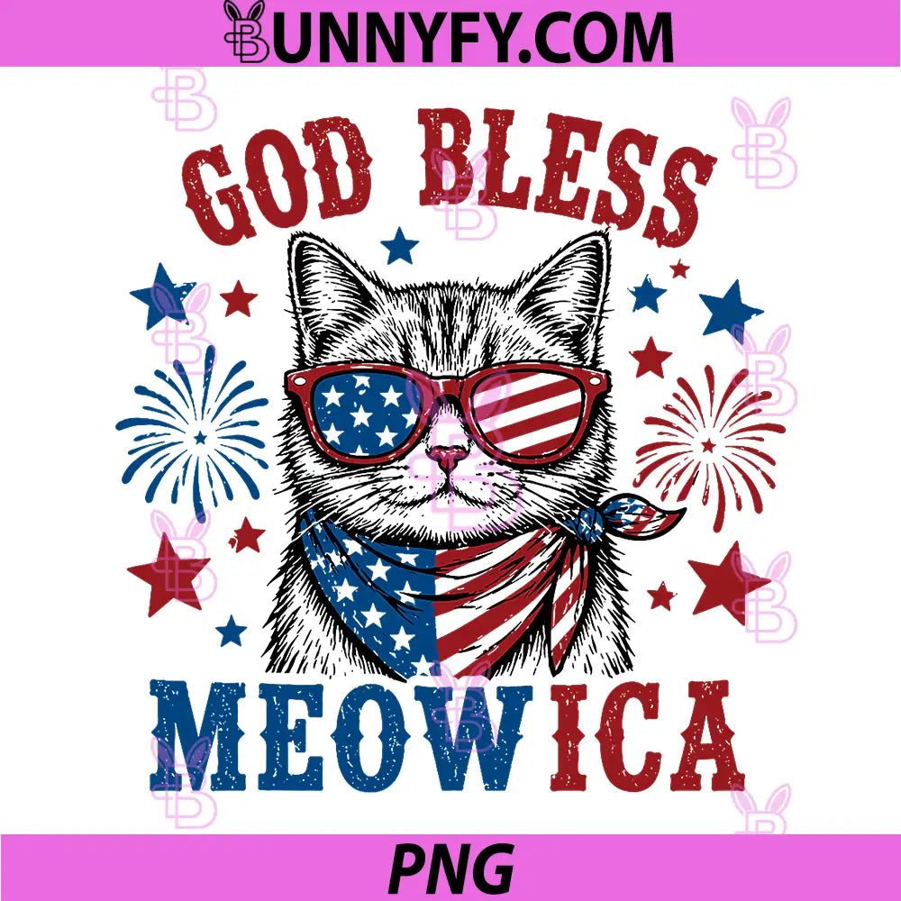 God Bless Meowica PNG, Funny Cat 4th of July USA Patriotic PNG