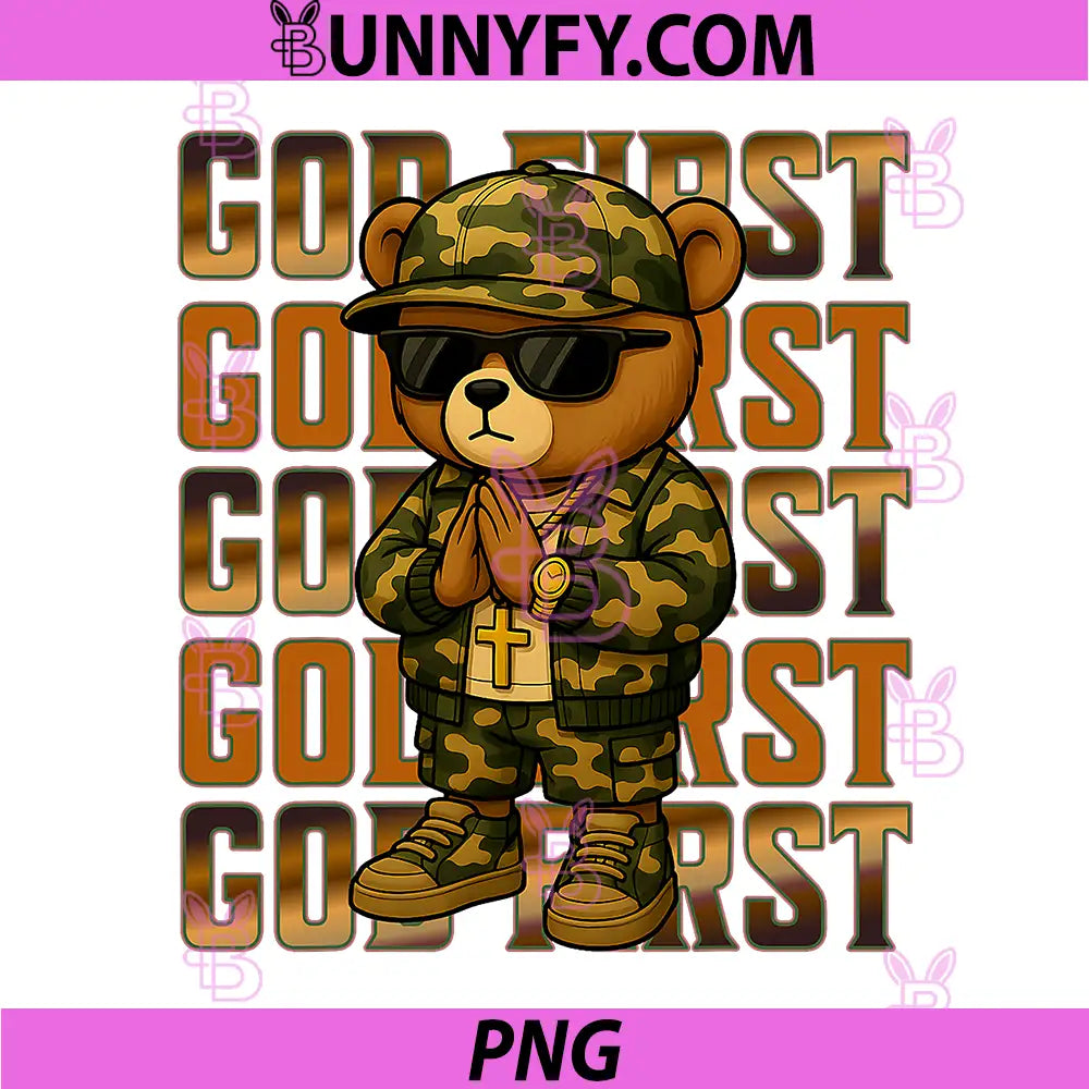 God First Camo Hip Hop PNG, Teddy Bear Christian PNG