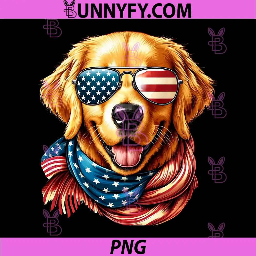 Golden Retriever Dog American PNG, Flag Sunglasses 4th of July PNG