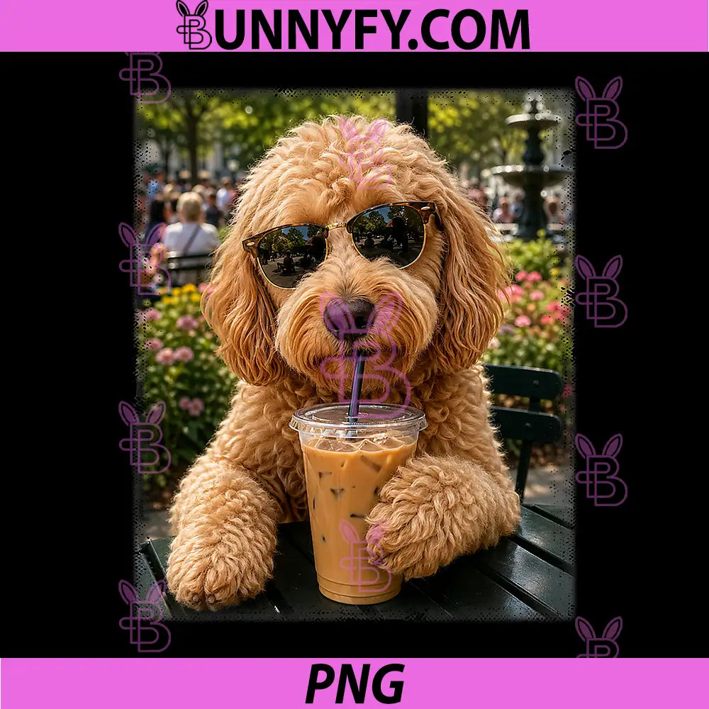 Goldendoodle Drinking iced Coffee PNG, Pet Lover Club PNG