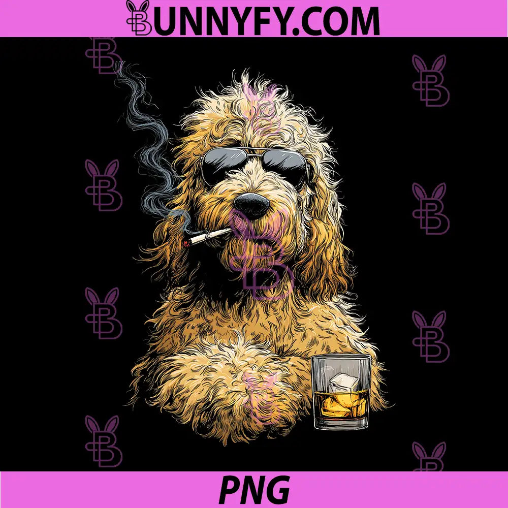 Goldendoodle Smoking Cigarette Whisky Lover PNG, Funny Doodle Dog PNG