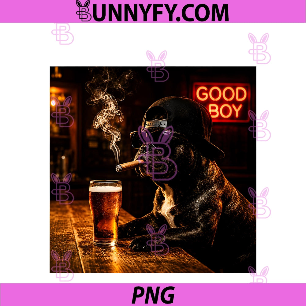 Good Boy French Bulldog Drinking Beer Cigar PNG, Funny Dog Meme PNG