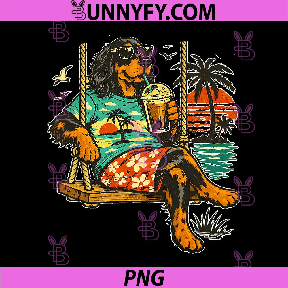 Gordon Setter Drinking Ice Coffee PNG, On A Swing Funny 