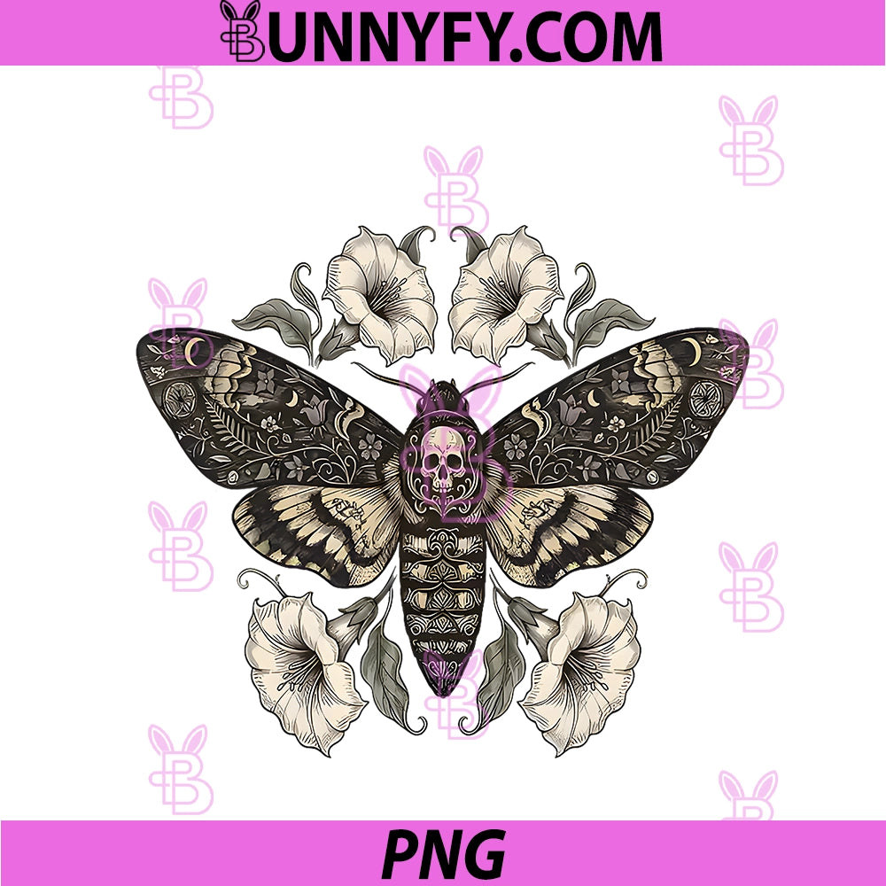 Gothic Death Moth Skull Dark PNG, Butterfly Floral Luna Moth PNG