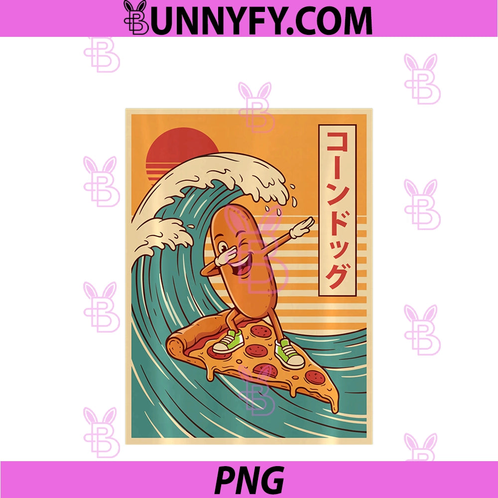 Great Wave Dabbing Corn Dog Surfing Pizza PNG, Retro Japanese PNG