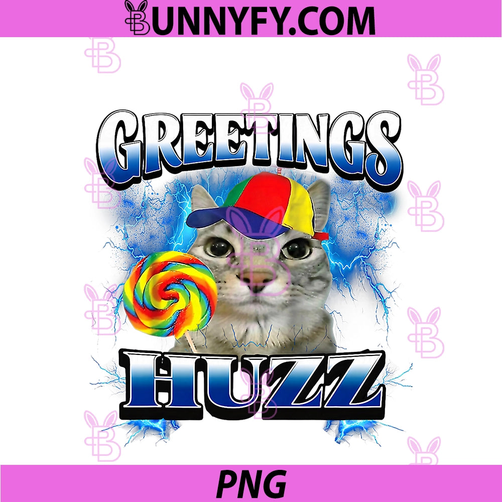 Greetings Huzz PNG, Funny Lollipop Cat Meme PNG