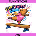 Gymnast Capybara Balance PNG, Beam Gymnastics Flip Rodent Design PNG