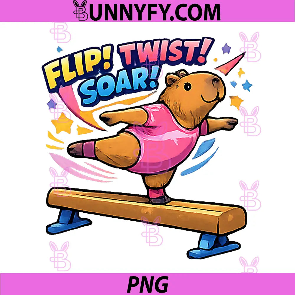 Gymnast Capybara Balance PNG, Beam Gymnastics Flip Rodent Design PNG