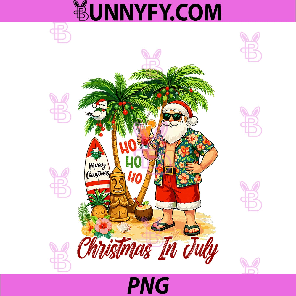 HOHOHO Christmas In July PNG, Santa Surfing Hawaii Beach Summer PNG