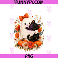 Halloween Cute Ghost Cat Pumpkin PNG, Floral Bow Girl Women PNG