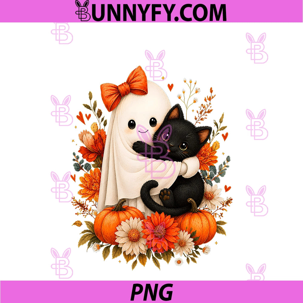 Halloween Cute Ghost Cat Pumpkin PNG, Floral Bow Girl Women PNG