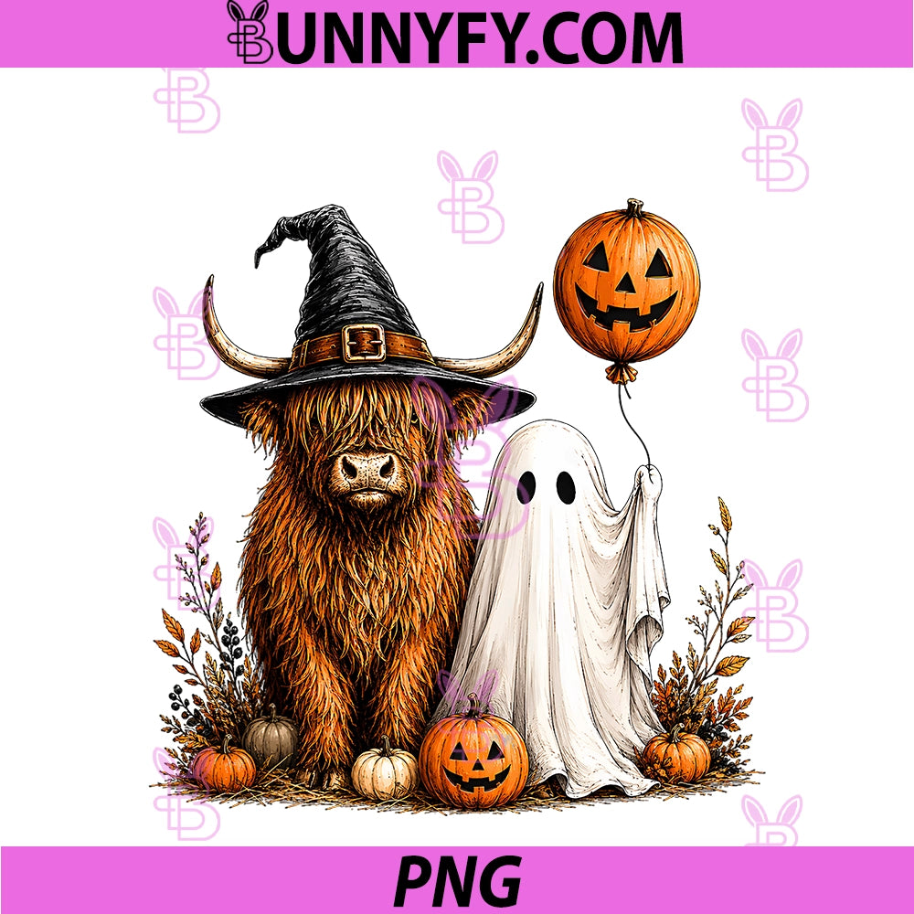 Halloween Highland Cow PNG, Spooky Highlander Cow Fall PNG