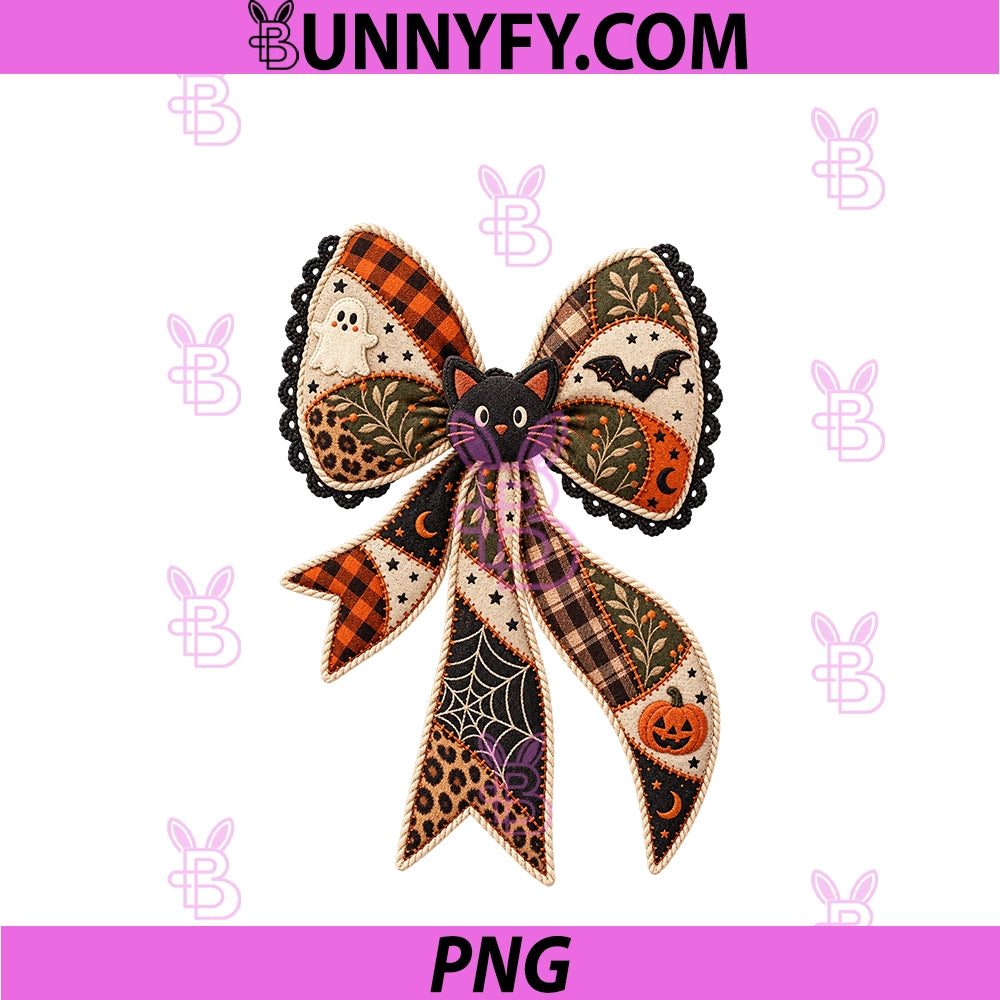 Halloween Patchwork Bow PNG, Ghost Coquette Bow PNG 