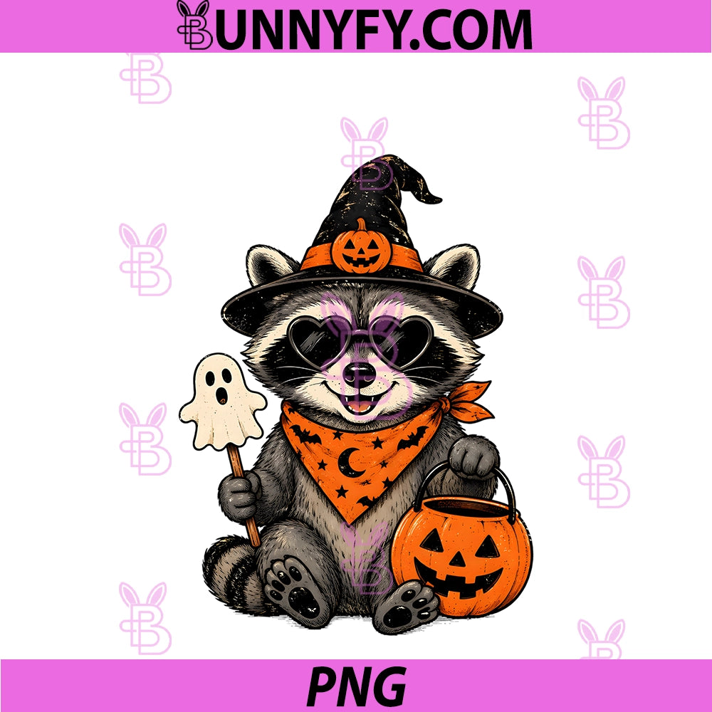 Halloween Raccoon Witch Ghost Pumpkin Basket PNG, Funny Animal PNG