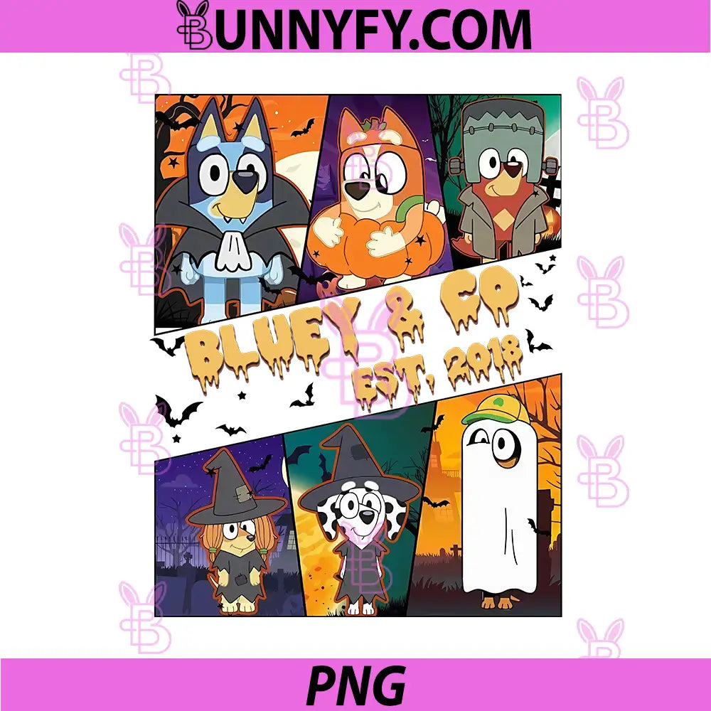 Bluey And Co Spooky Halloween Family Art PNG, Est 2018 Cartoon Theme PNG