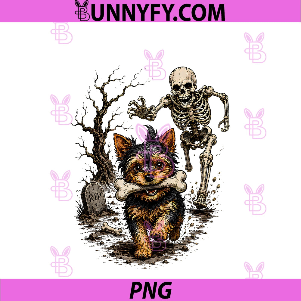 Halloween Skeleton Chasing Yorkie Dog PNG, Spooky Pet Owner Lover PNG