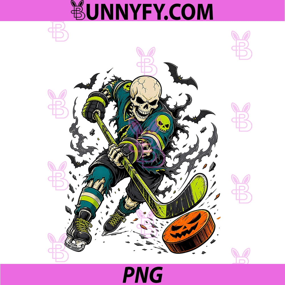 Halloween Skeleton Hockey Player PNG, Pumpkin Bats PNG