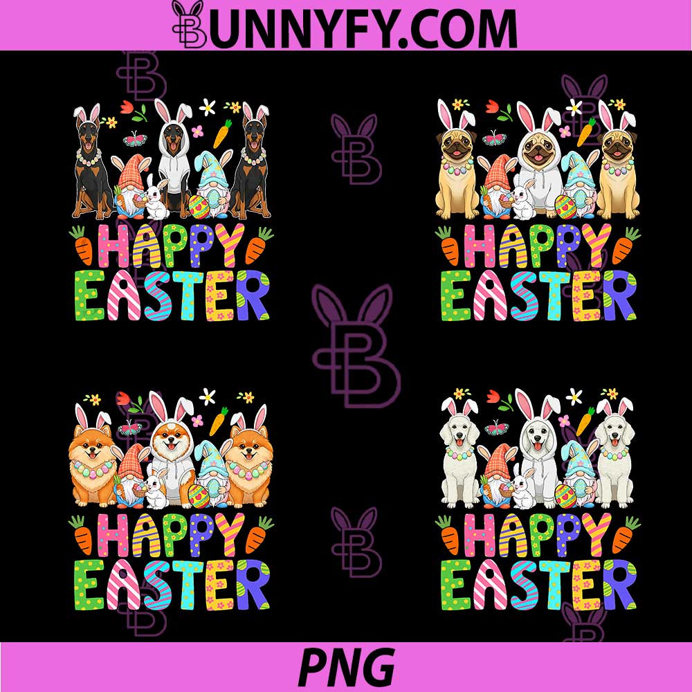 Happy Easter Three Animal Cute PNG, Pugs Bunny Gnomes PNG