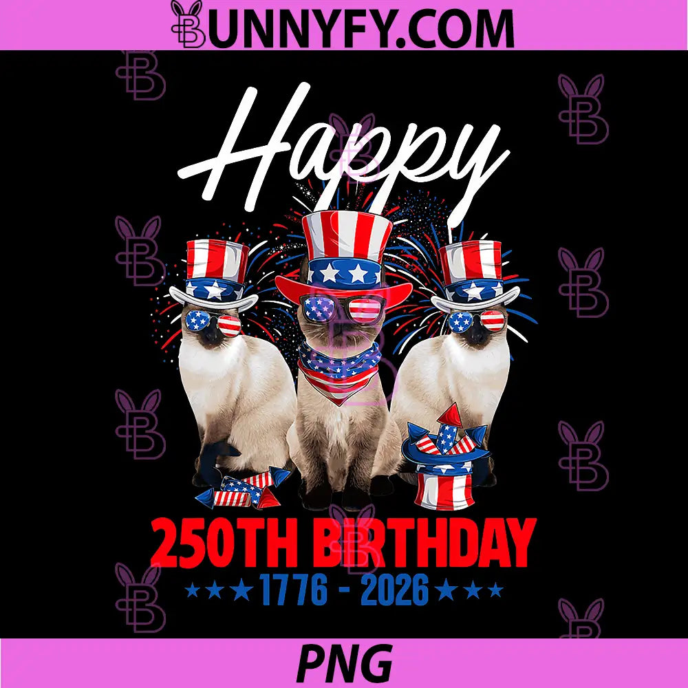 Happy 250th Birthday America PNG, 1776 2026 Siamese Cat USA Flag PNG