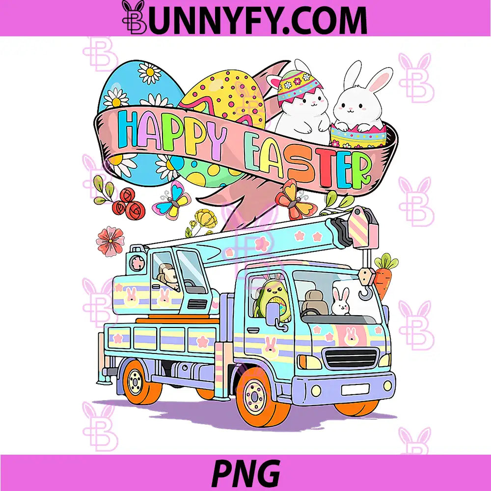 Happy Easter Bunny PNG, Avocado Driving Crane Truck Colorful Eggs PNG
