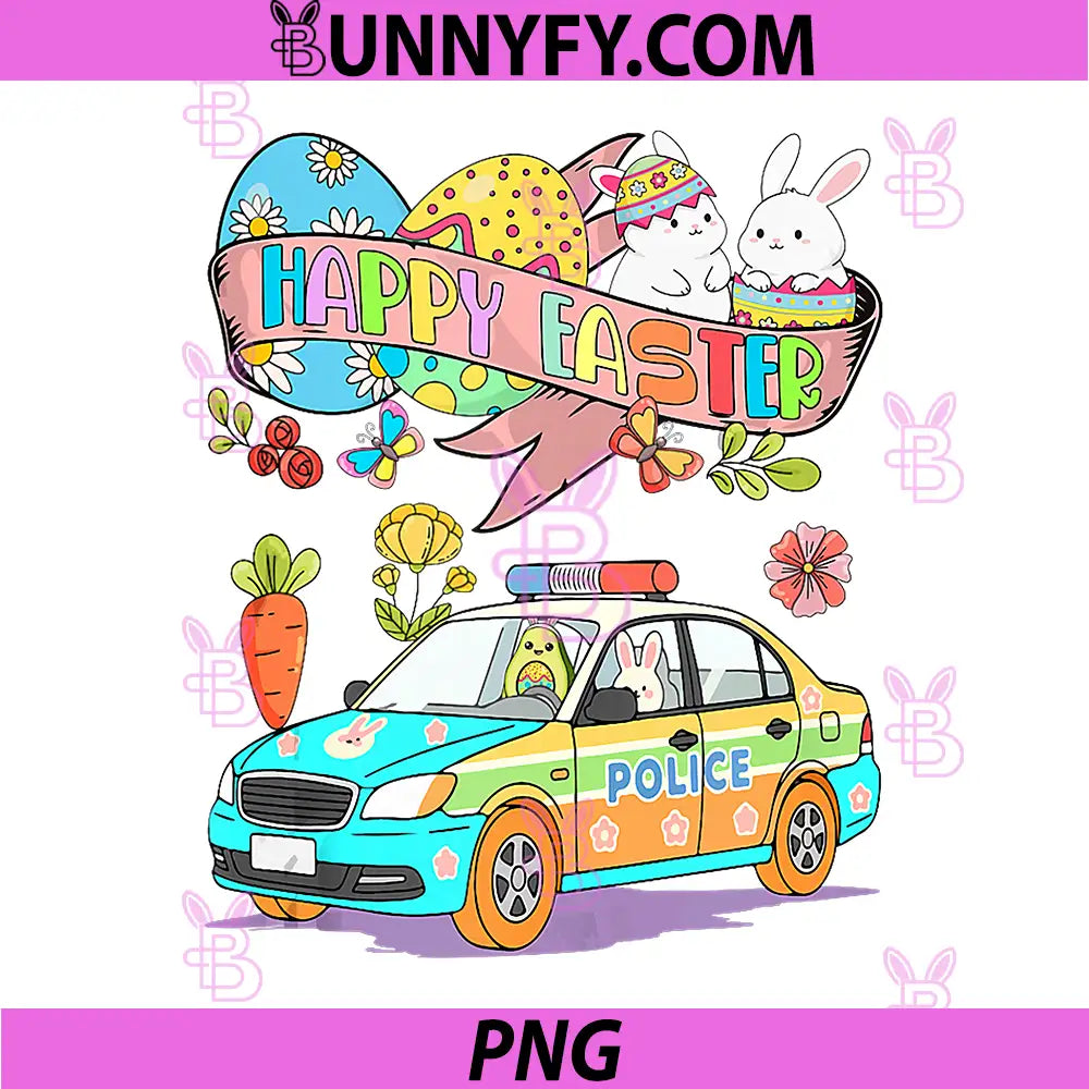 Happy Easter Bunny PNG, Avocado Driving Police Car Colorful Eggs PNG