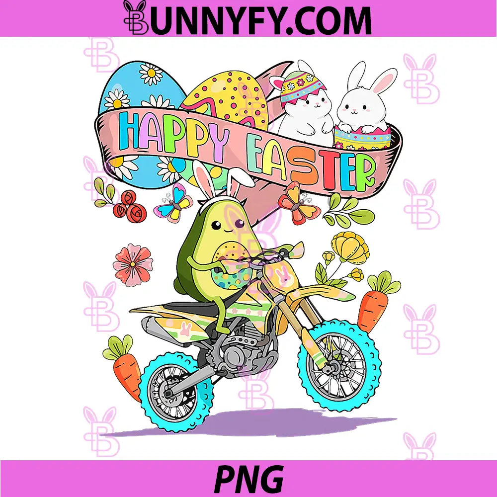 Happy Easter Bunny PNG, Avocado Riding Dirt Bike Colorful Eggs PNG