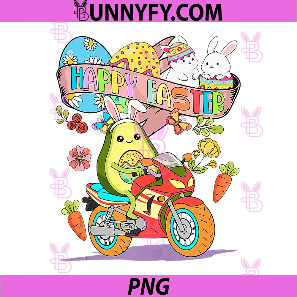 Happy Easter Bunny PNG, Avocado Riding Motorbike Colorful Eggs PNG