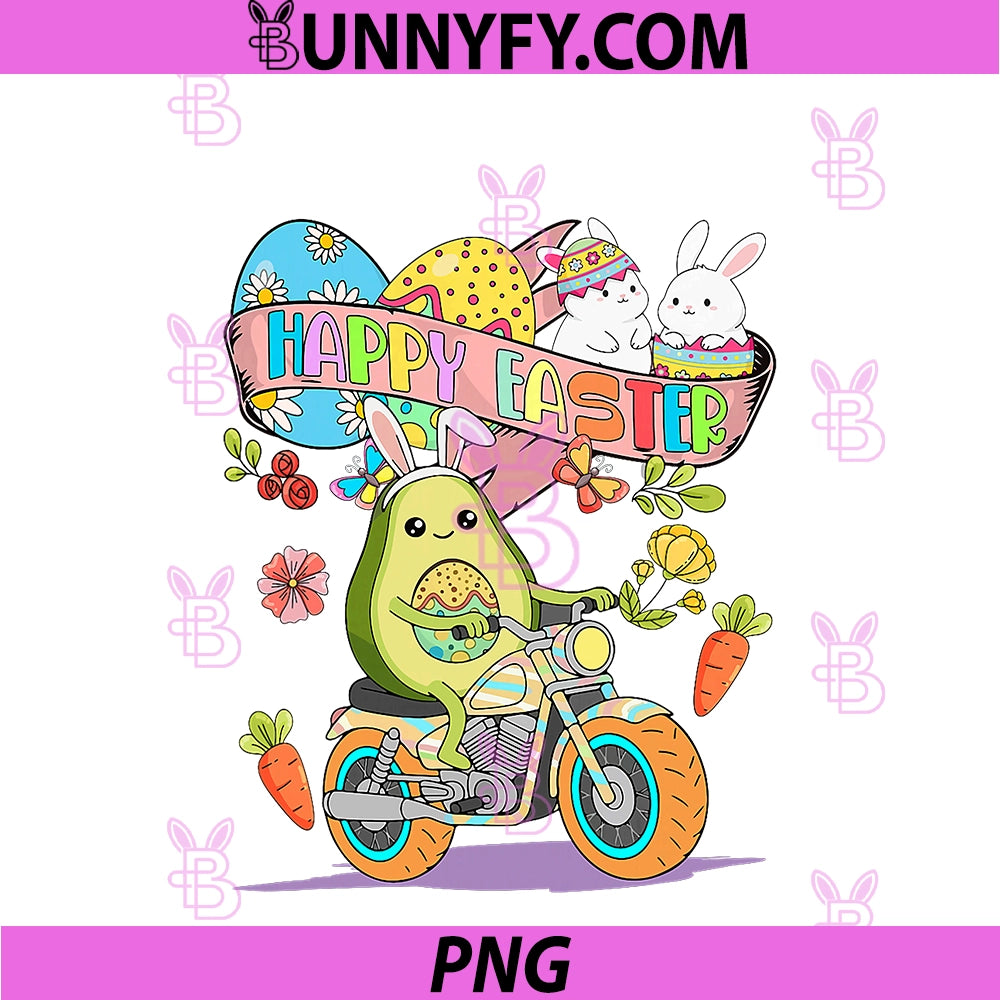 Happy Easter PNG, Bunny Avocado Riding Motorcycle Colorful Eggs PNG