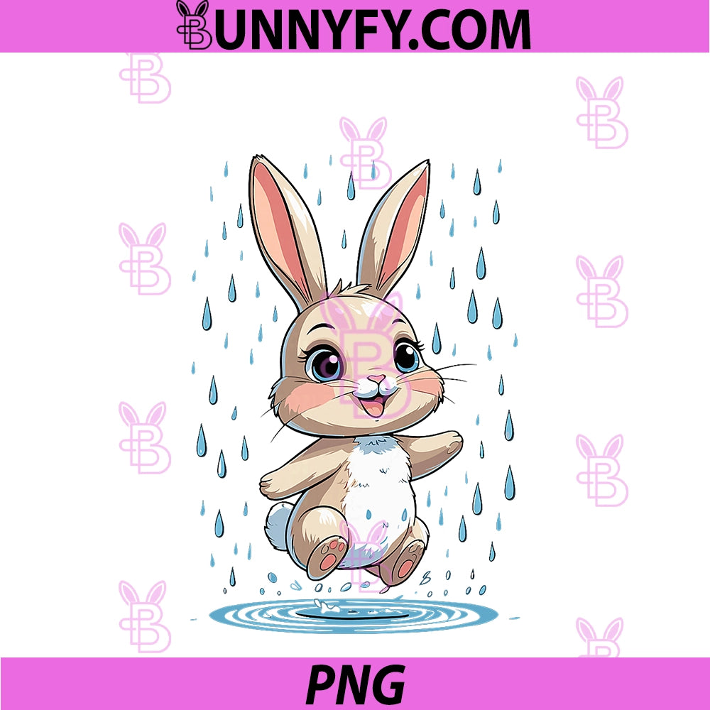 Happy Spring PNG, Bunny Jumping In Rain Puddles PNG