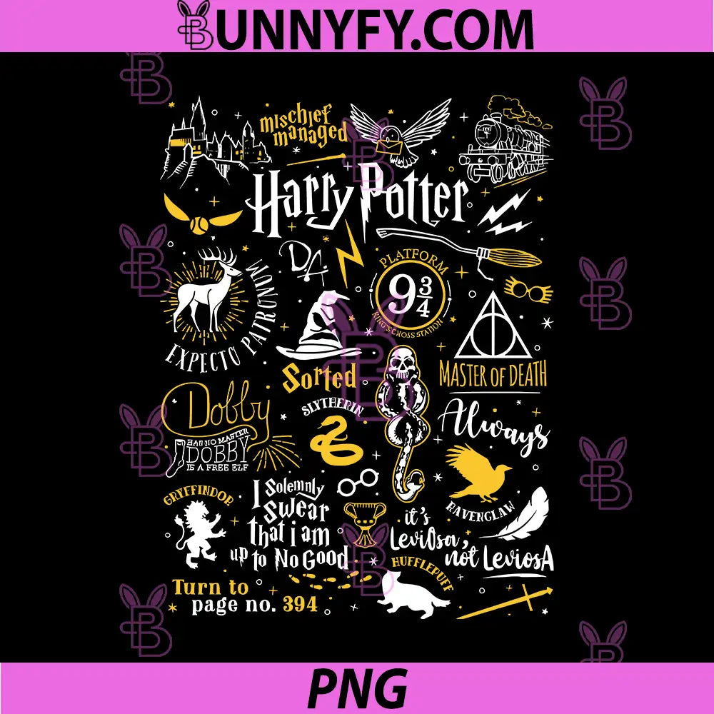 Harry Potter Magic Quotes Collage PNG, Wizard Icons Typography PNG