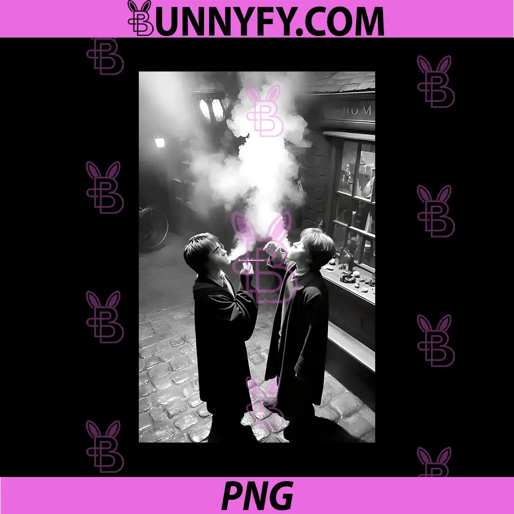 Harry Ron Smoking Wizard Alley Scene PNG, Vintage Wizard Meme Art PNG