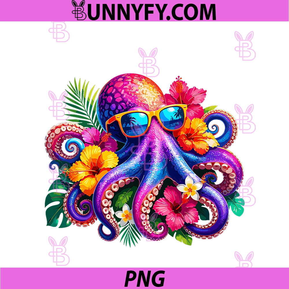 Hawaiian Sunglasses Octopus PNG, Tropical Hibiscus Aloha PNG