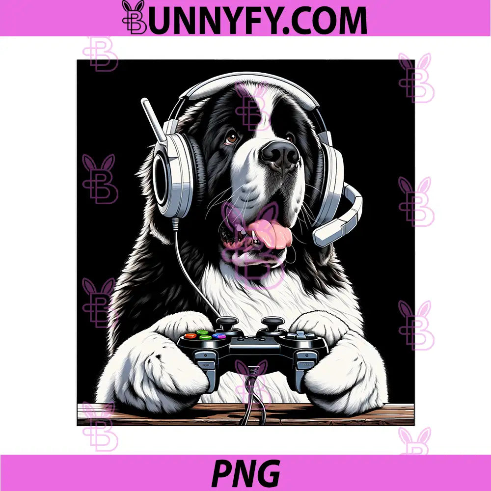 Headphone Video Game PNG, Landseer Newfoundland Dog Gaming PNG