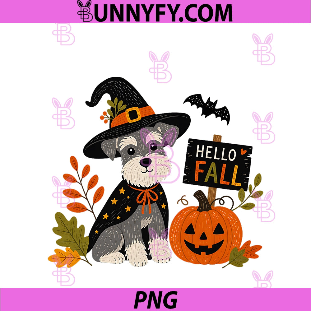 Hello Fall Miniature Schnauzer PNG, Witch Pumpkin Halloween PNG