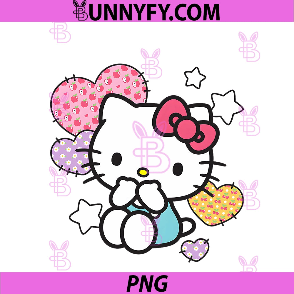 Hello Kitty Stars And Patched PNG, Hearts Apples Cherries Daisies PNG