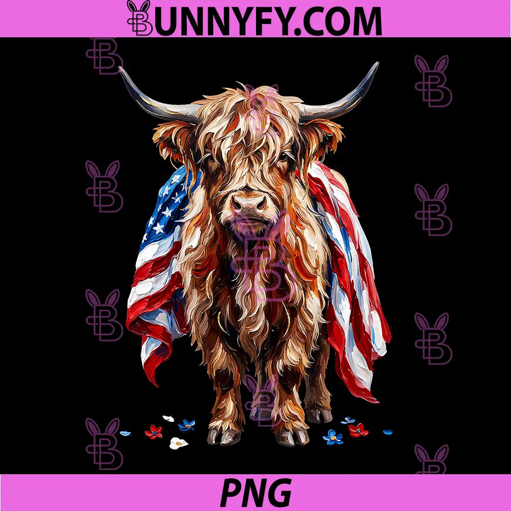 Highland Cow 4th of July PNG, America Cow Patriotic Memorial Day PNG