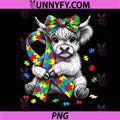 Highland Cow Autism Awareness PNG, Puzzle Ribbon Coquette Bow PNG