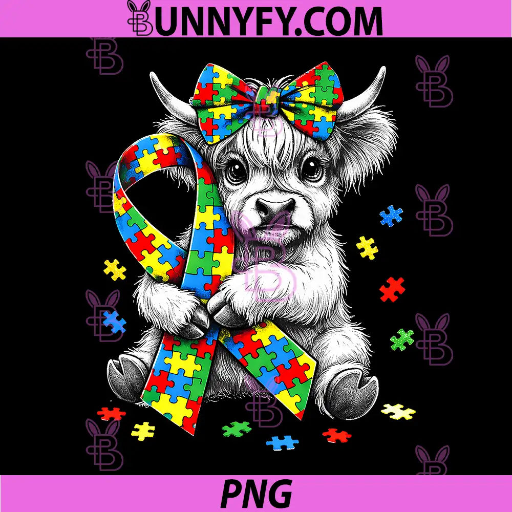 Highland Cow Autism Awareness PNG, Puzzle Ribbon Coquette Bow PNG