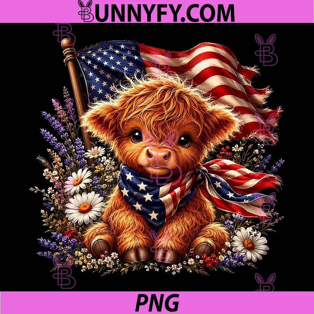 Highland Cow Florals 4th of July PNG, American USA Flag Patriotic PNG
