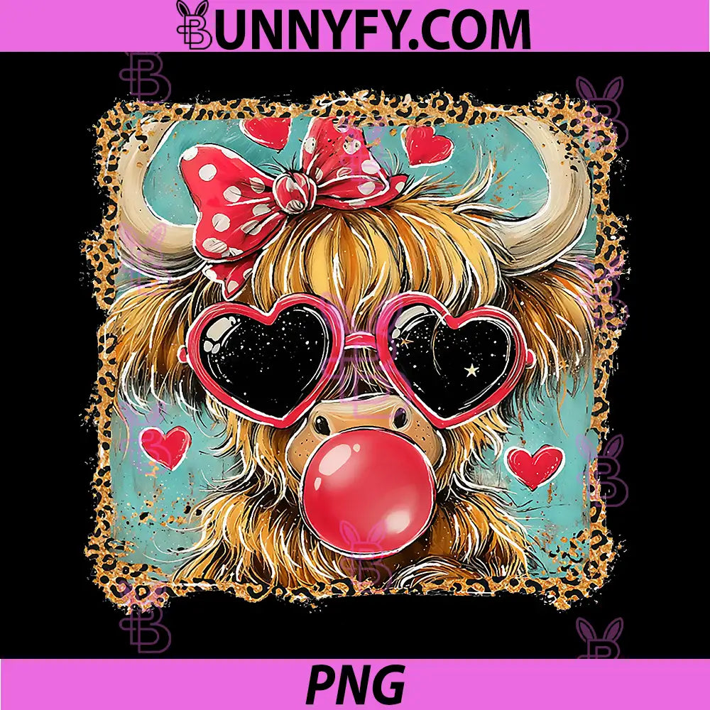 Highland Cow Valentine PNG, Coquette Valentine Heart Leopard Bow PNG