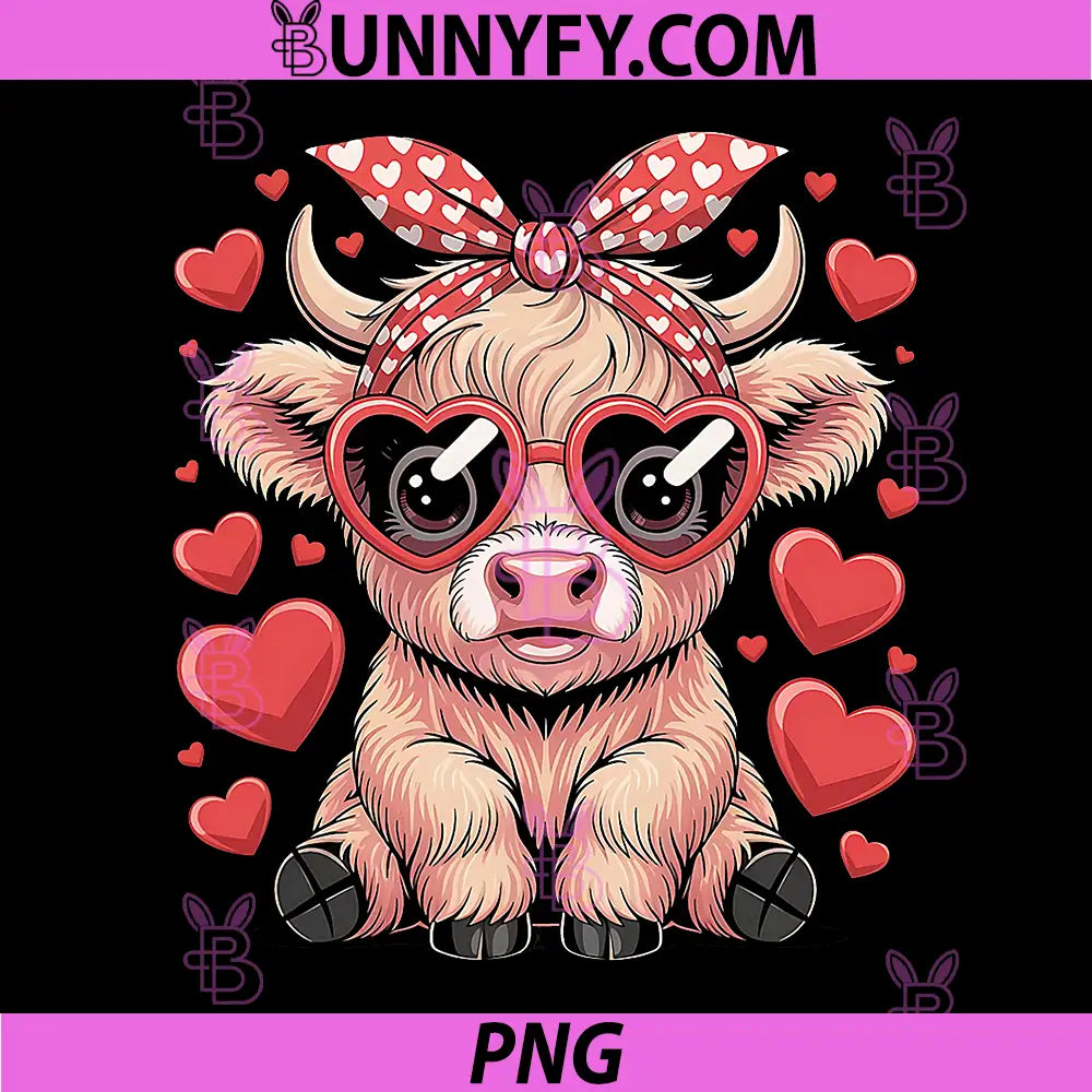 Highland Cow Valentines Day PNG, Funny Heart Sunglasses Bandana PNG