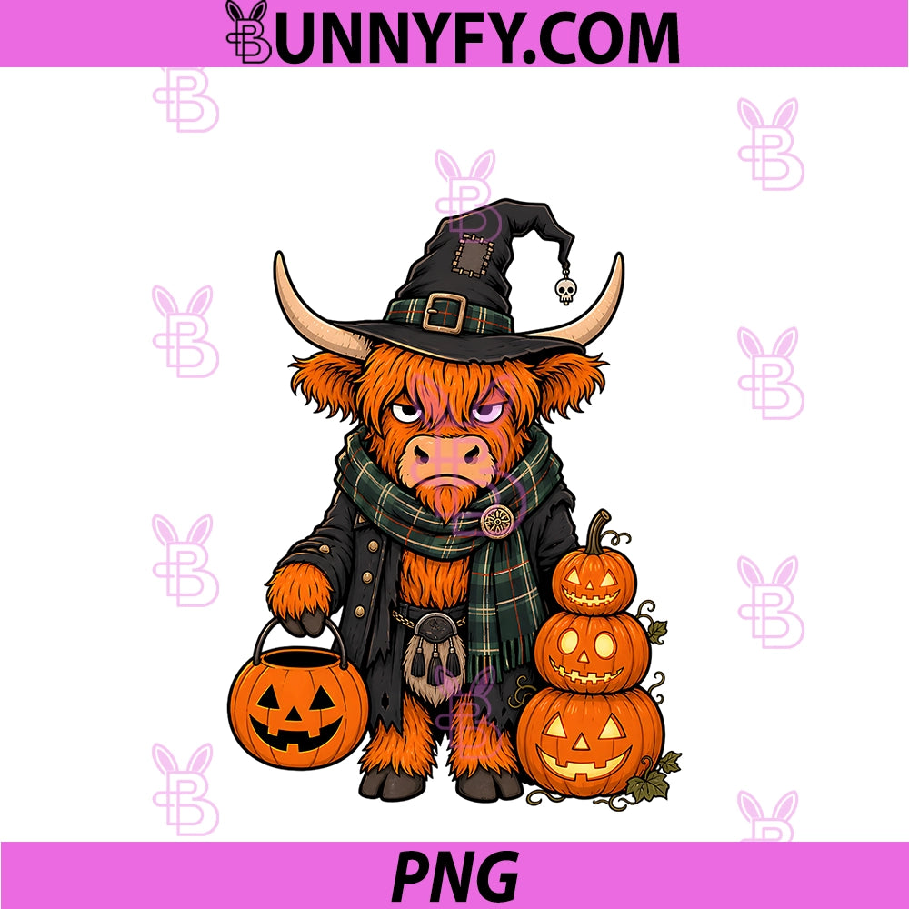Highland Cow Witch PNG, Halloween Trick Or Treat Coo PNG