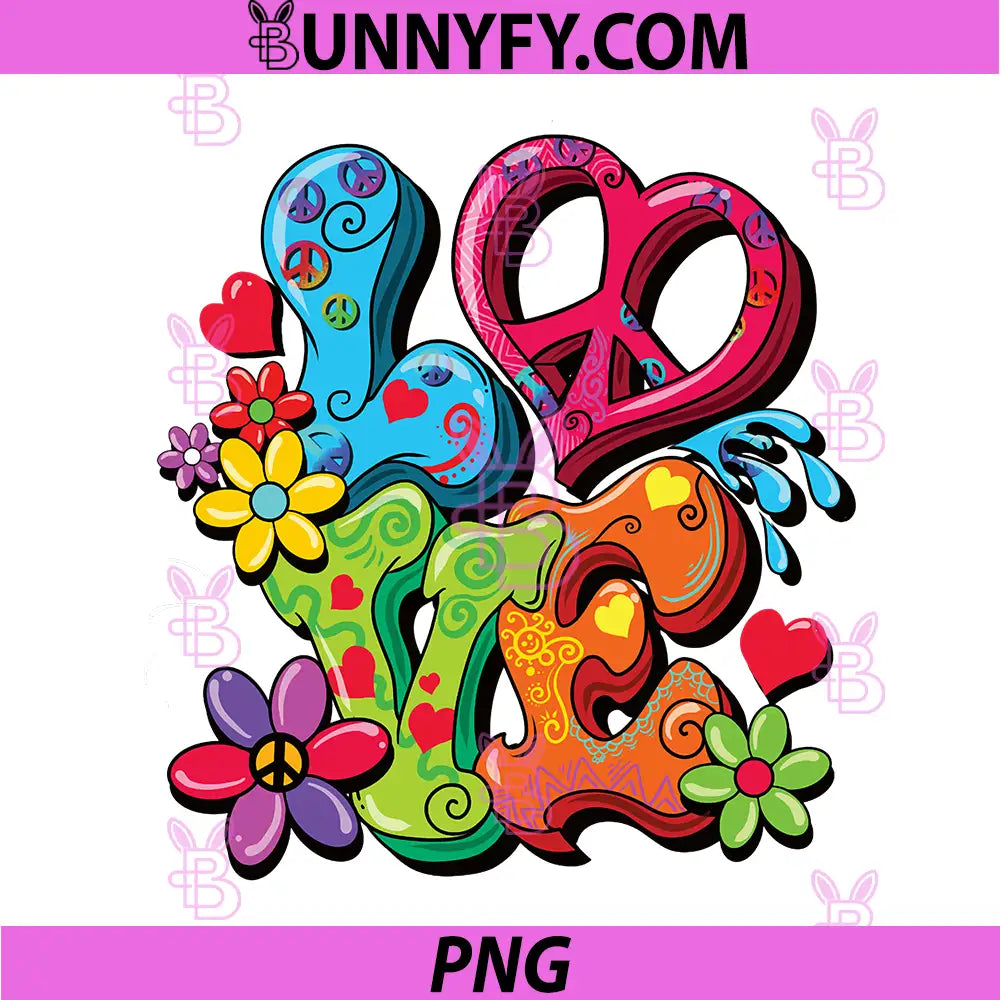 Colorful Hippie Love Peace Retro Flower Design PNG, Boho Love PNG