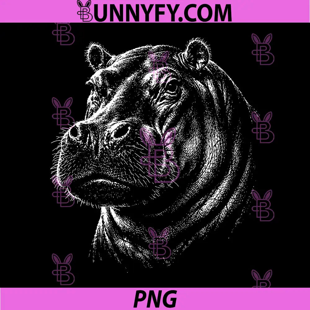 Hippo Portrait Black and White PNG, Hippopotamus Lover PNG