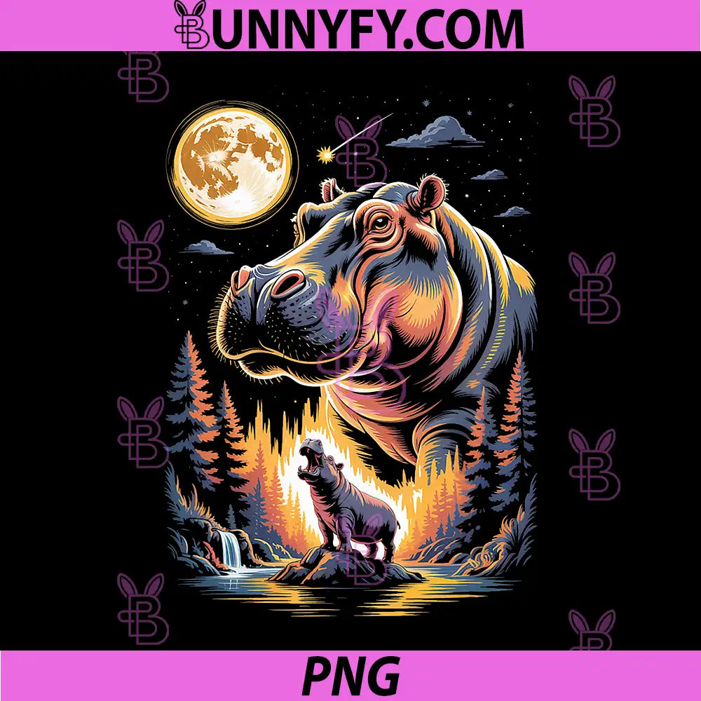Hippopotamus Under Full Moon PNG, Night Forest Hippo Wildlife PNG