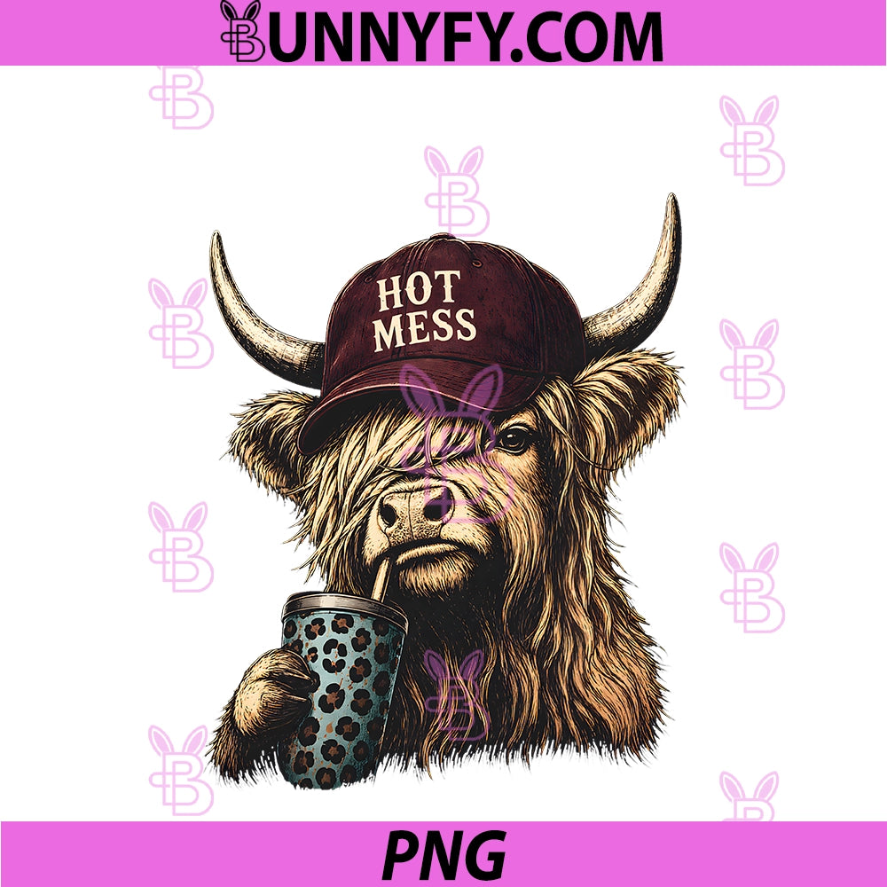 Hot Mess Highland Cow PNG, Funny Cute Coffee Lover Graphic PNG