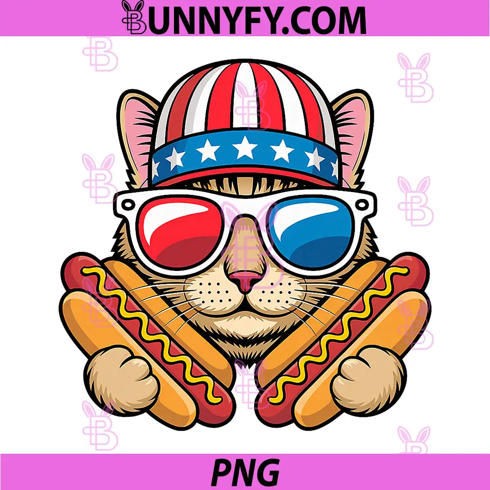 Hotdog Lover Cat US PNG, America Flag 4th of July Patriotic Cat PNG
