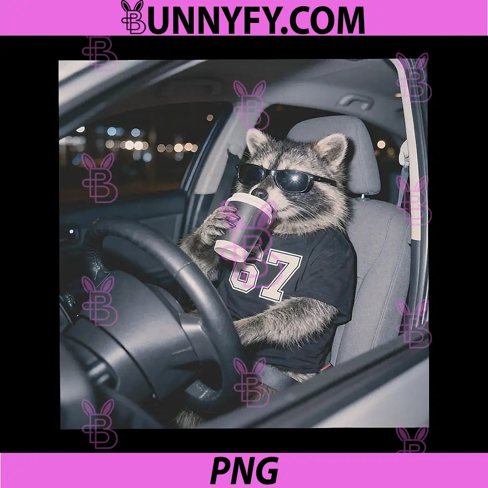 Humor Raccoon Drinking Iced Coffee PNG, Raccoon Sunglasses Driving Car 67 PNG
