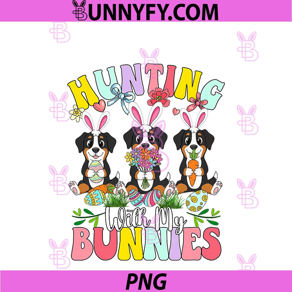 Hunting With My Bunnies PNG, Three Easter Greater Swiss Mountains PNG